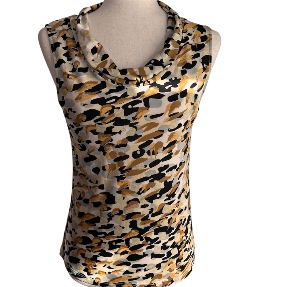 Tahari Cowl Neck Sleeveless Animal Print Blouse - Black and Tan Size M